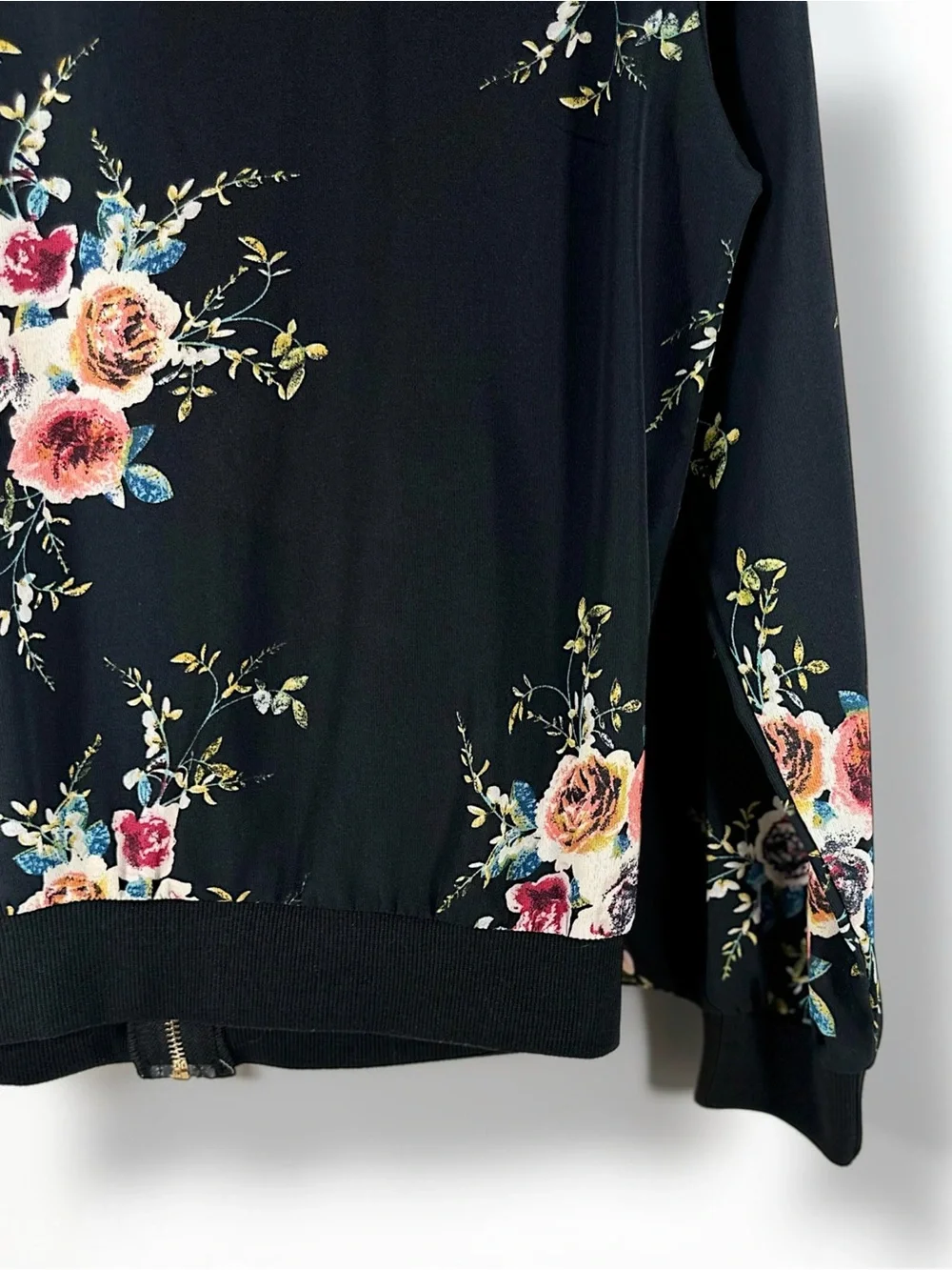 Black Floral Bomber Jacket Semi Sheer Lightweight Zip Up Coat - Picture 11 of 13
